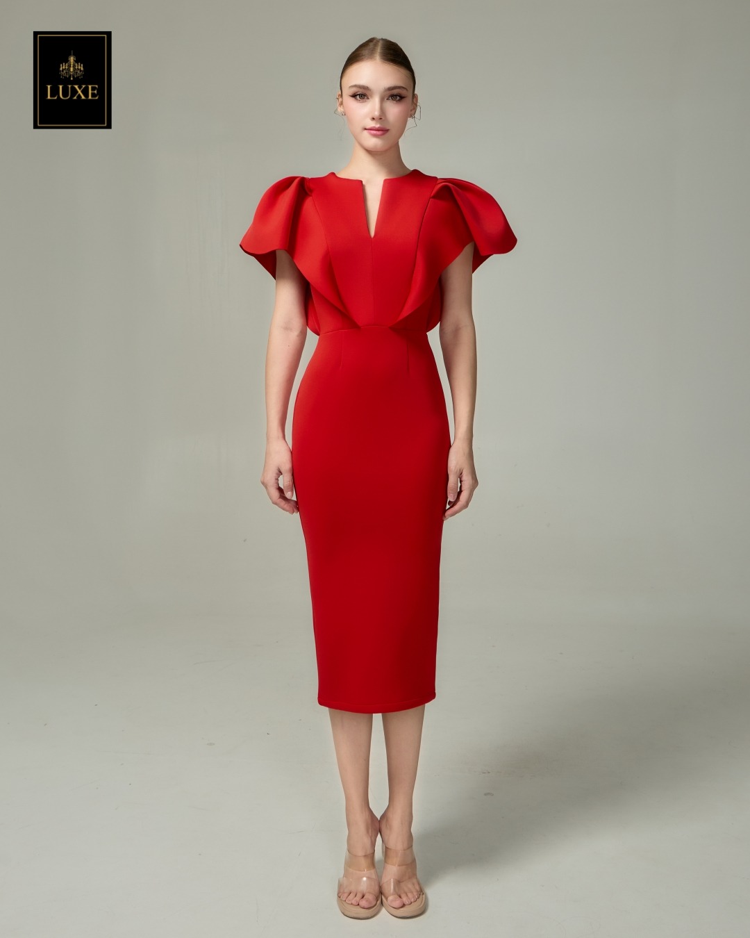 เดรสแฟชั่น เดรสเสื้อคอกลมผ่าหน้า แขนระบาย กระโปรงทรงสอบ