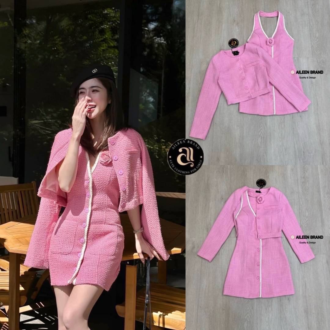 ชุดเซทแฟชั่น Set 2 ชิ้น มินิเดรสเนื้อผ้าทวิตคอวีแขนกุด กระโปรงทรงตรงพร้อมกับเสื้อคลุมแขนยาว