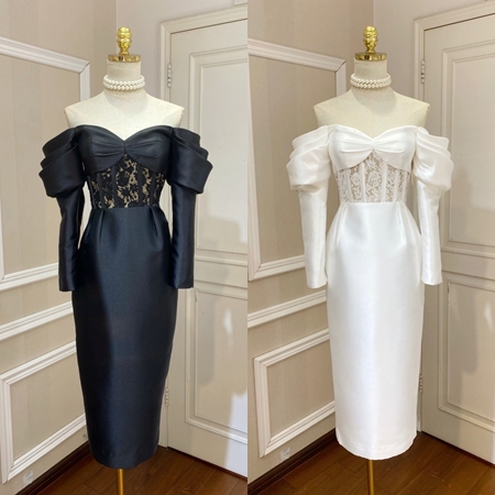 เดรสแฟชั่น มีดี้เดรสเสื้อเปิดไหล่แขนยาว กระโปรงทรงสอบ