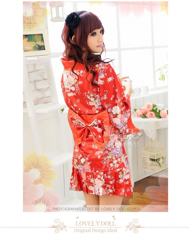 ชุดคอสเพลย์ แฟนซี ญี่ปุ่น กิโมโนสั้น กิโมโนประยุกต์ ผ้าไหมเทียมสีแดงสด ลายดอกซากุระ แต่งขลิบสีแดง กระโปรงแบบจีบรอบ พร้อมสายคาดและโบว์สำเร็จรูป สีแดงเซ็กซี่ เย้ายวน +G stringเข้าชุดคะญี่ปุ่น กิโมโนสั้นแบบ ชุดคลุมเซ็กซี่ ลายดอกสีเขียวอ่อนอมฟ้า สีหวานมากๆคะ