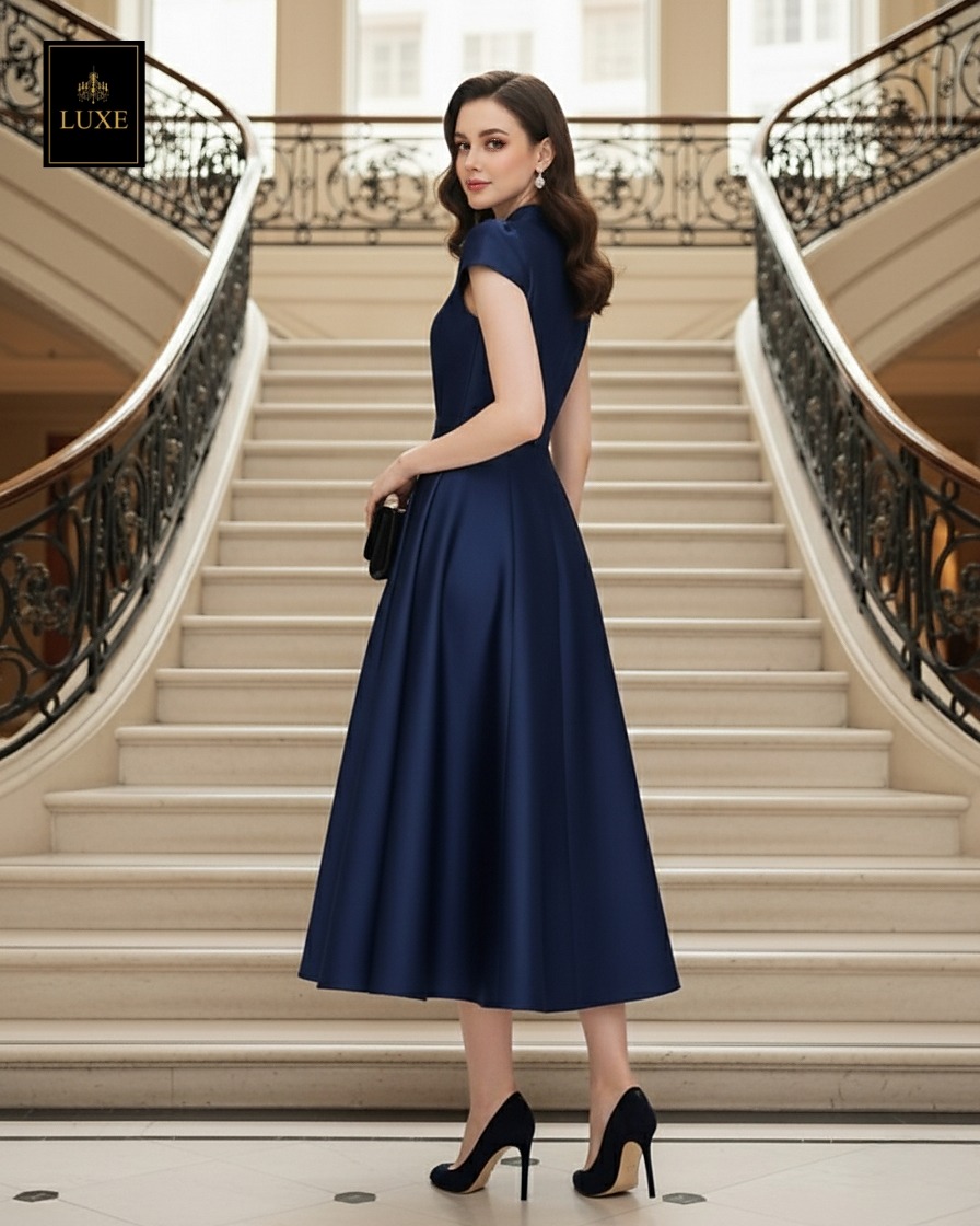 เดรสแฟชั่น เดรสเสื้อคอตั้ง แขนสั้น กระโปรงบาน