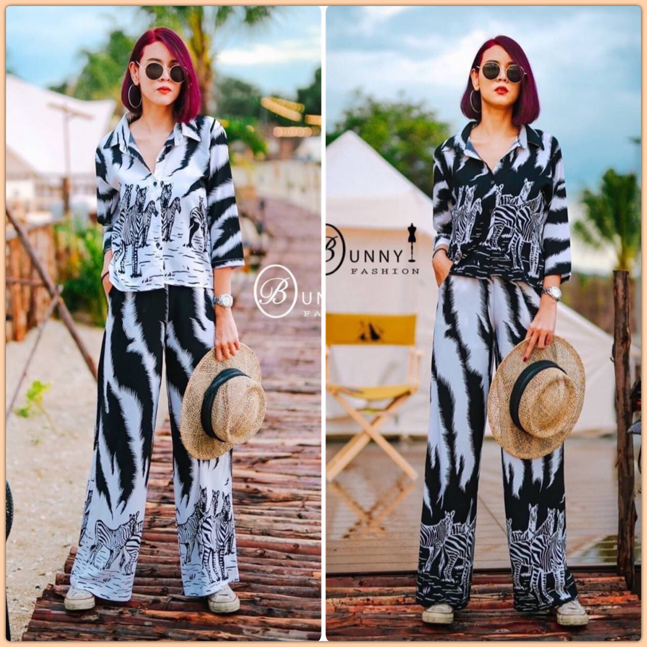 🌈New!!! BunnyFashion🌈 Set เสื้อเชิ๊ต+กางเกงเอวสูง ชุดเซตผ้าพิมพ์ลายม้าลาย ตัวกางเกงมีซัพในตัว กระเป๋าเจาะ2ข้าง