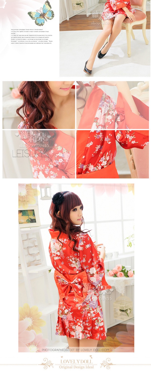 ชุดคอสเพลย์ แฟนซี ญี่ปุ่น กิโมโนสั้น กิโมโนประยุกต์ ผ้าไหมเทียมสีแดงสด ลายดอกซากุระ แต่งขลิบสีแดง กระโปรงแบบจีบรอบ พร้อมสายคาดและโบว์สำเร็จรูป สีแดงเซ็กซี่ เย้ายวน +G stringเข้าชุดคะญี่ปุ่น กิโมโนสั้นแบบ ชุดคลุมเซ็กซี่ ลายดอกสีเขียวอ่อนอมฟ้า สีหวานมากๆคะ