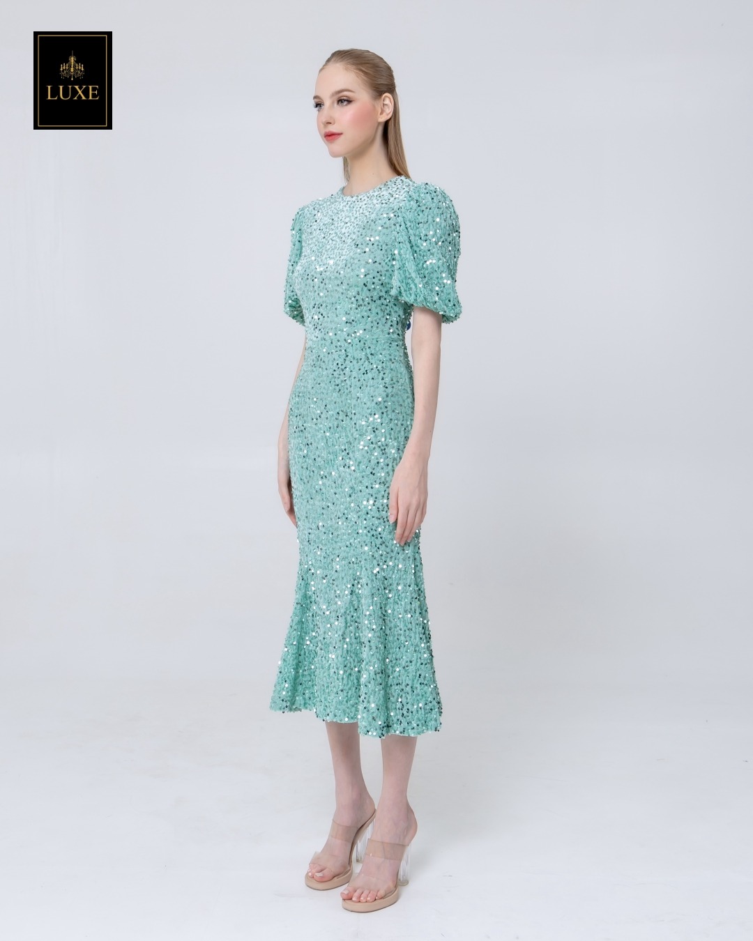 เดรสเสื้อคอกลม แขนสั้นปลายแขนพอง ชายกระโปรงบานเล็กน้อย