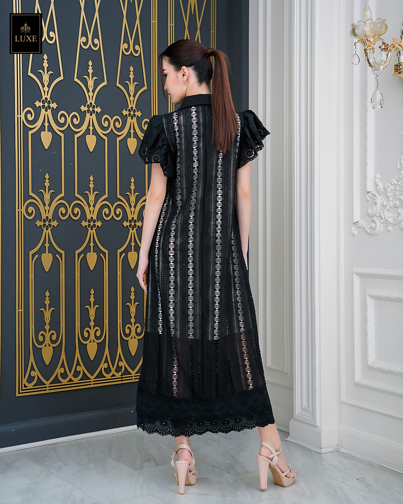 เดรสแฟชั่น เดรสเสื้อคอปกแขนระบาย กระโปรงทรงเอ แพทเทิร์นตัวหลวมใส่สบาย