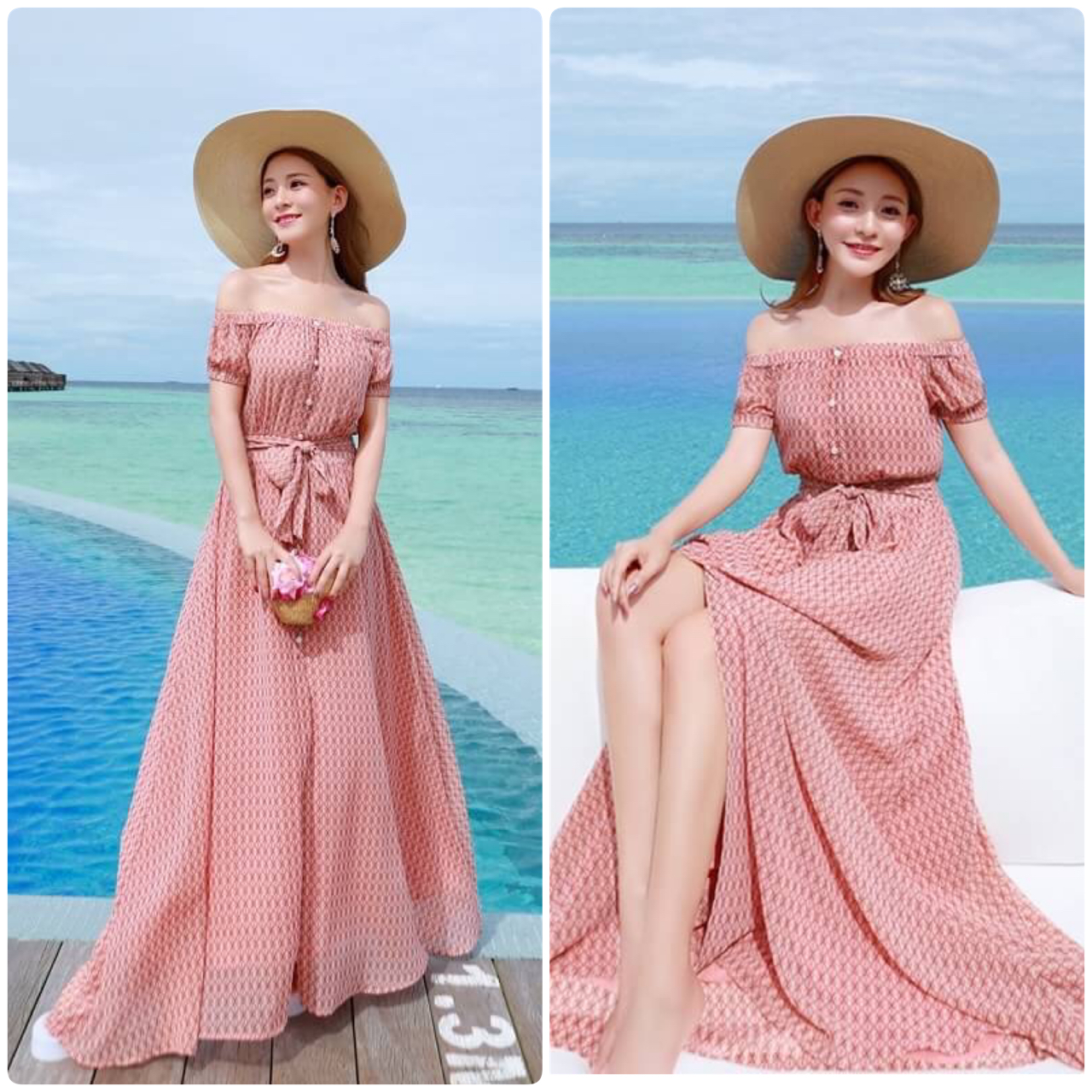 เสื้อผ้าแฟชั่นนำเข้า : MAXI DRESS ชุดเดรสยาว พร้อมส่ง สีชมพู MAXI DRESS ชุดเดรสยาว แต่งลายกราฟฟิกเก๋ แขนตุ๊กตา น่ารักๆใส่ได้ เย็บผ้าผูกเอวติดกับตัวชุดเก๋ เอวยางยืด แต่งกระดุมหลอกด้านหน้า สองสไตล์ จะเป็นเปิดไหล่เซ็กซี่ๆ หรือ ใส่เป็นแขนตุ๊กตาแบบหวานๆ