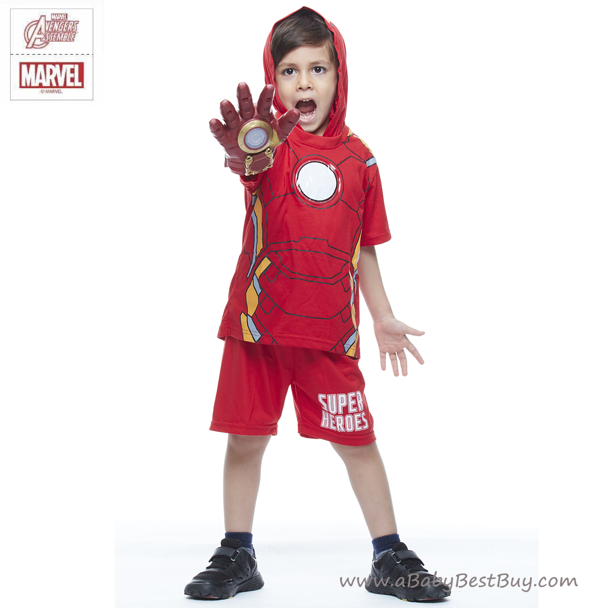 ฮ ( 3-4-5 ปี ) ชุดแฟนซี เด็กผู้ชาย Super Hero - The Avenger - Iron Man สีแดง เสื้อแขนสั้น สกรีนลายเกราะมีไฟกระพริบตรงหน้าอก มีหมวก ( ฮู้ด )สกรีนลายหน้ากาก กางเกงขาสั้น ชุดสุดเท่ห์ ใส่สบาย ลิขสิทธิ์แท้ (สำหรับเด็ก3-4-5 ปี)