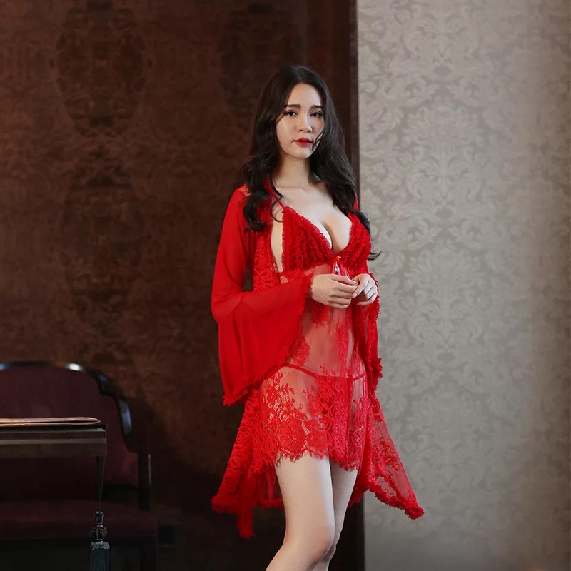 เซ็ทชุดคลุมนอน เซ็กซี่ set ชุดคลุมนอนซีทรูสีแดง แต่งลูกไม้ซีทรู เนื้อผ้าทิ้งตัว สวยหรูมากคะ (ในเซ็ทประกอบด้วย ชุดคลุม+สายเดี่ยว+ G-string)