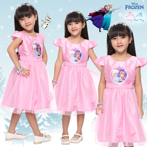 (4-6-8-10) ชุดเดรส ราตรีคอกว้างสีชมพู แขนสั้น เจ้าหญิงโฟรเซ่น ดิสนีย์แท้ ลิขสิทธิ์แท้ (สำหรับเด็ก4-6-8-10 ปี)