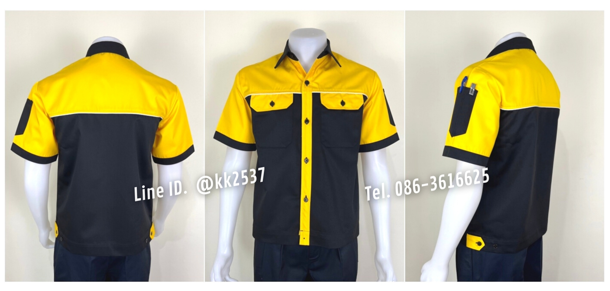 รหัส A 252 เสื้อช่างแขนสั้นแบบวัชรีสีกรมอกเหลืองกุ้นเทา(สั่งตัด)