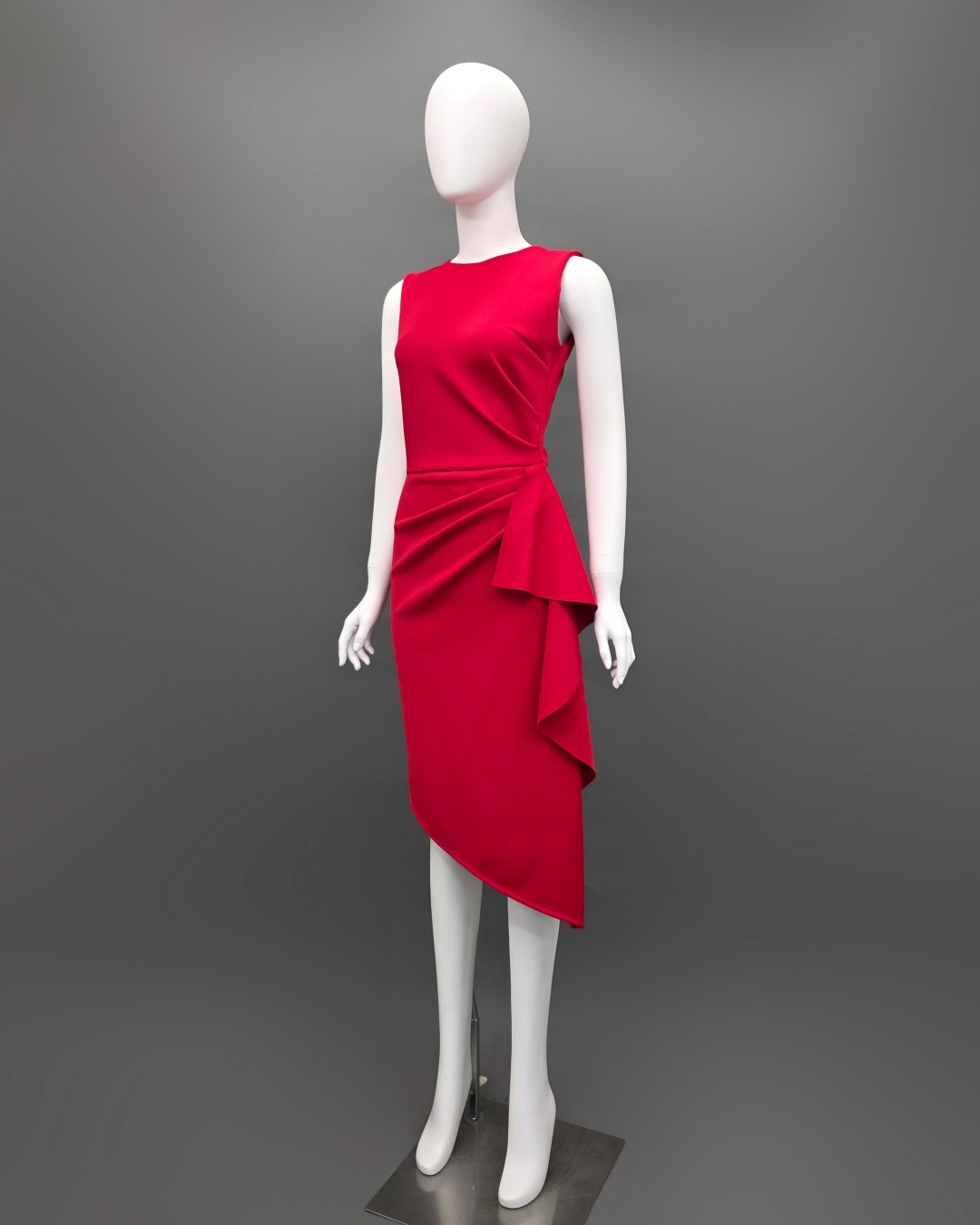 เดรสแฟชั่น เดรสเสื้อคอกลมแขนกุด กระโปรงทรงสอบ แต่งระบายข้าง ปลายเฉลียง