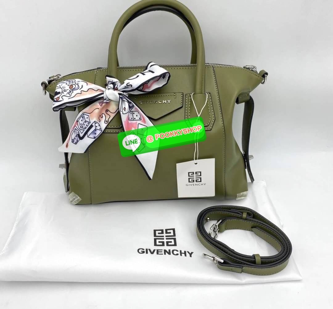 Givenchy Antigona small bag calf leather matte finish two rounded top handles gold-tone logo lettering adjustable detachable shoulder strap tonal stitching top zip fastening silver-tone hardware