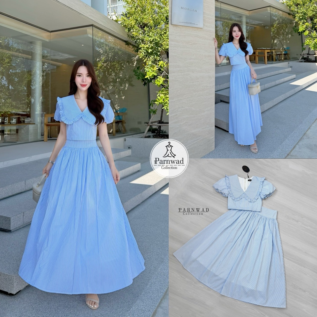 ชุดเซทแฟชั่น Set เสื้อคอปกแขนตุ๊กตาซิปหลัง มาพร้อมกับกระโปรงเอวสูงจับจีบ