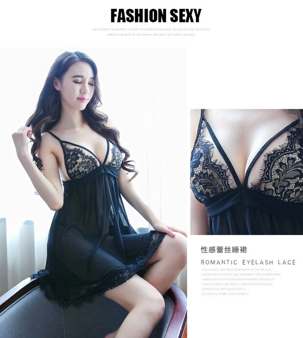 ชุดนอน เดรสซีทรู สีดำ แต่งลูกไม้ซีทรู เนื้อผ้าสวย ทิ้งตัว คุณหนูมากๆคะ