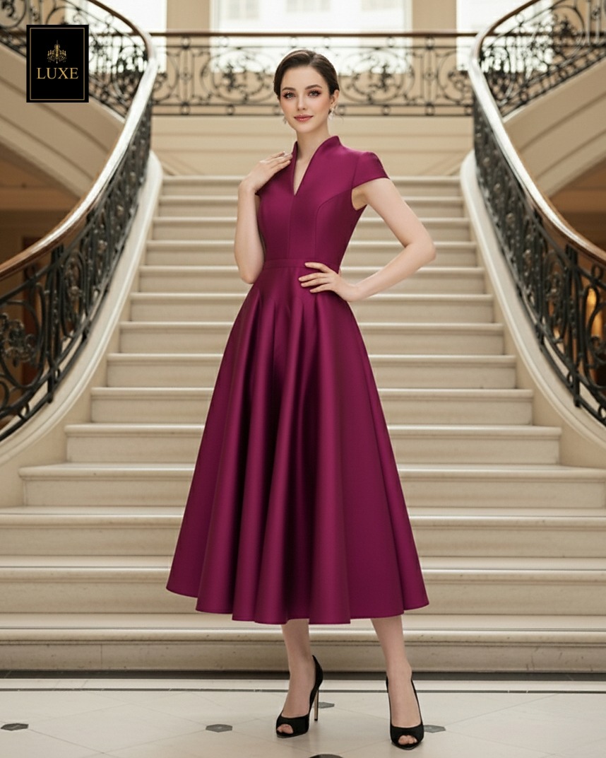 เดรสแฟชั่น เดรสเสื้อคอตั้ง แขนสั้น กระโปรงบาน