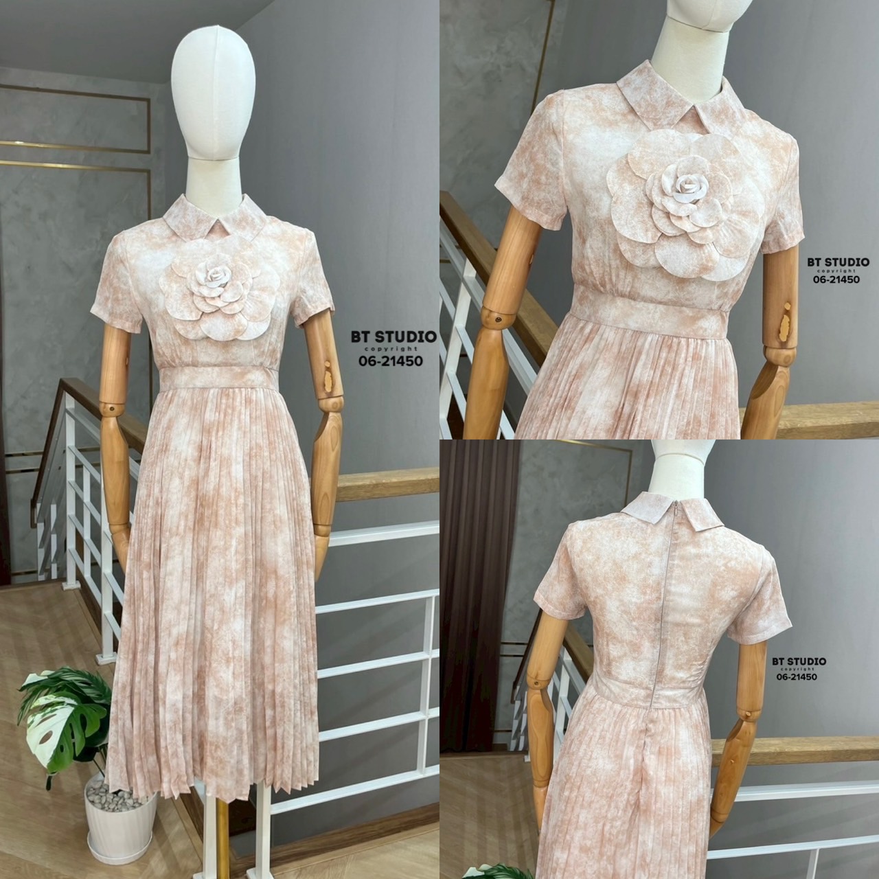 เดรสแฟชั่น เดรสยาวคลุมเข่าแขนสั้นคอปกตัดต่อกระโปรงอัดพรีท