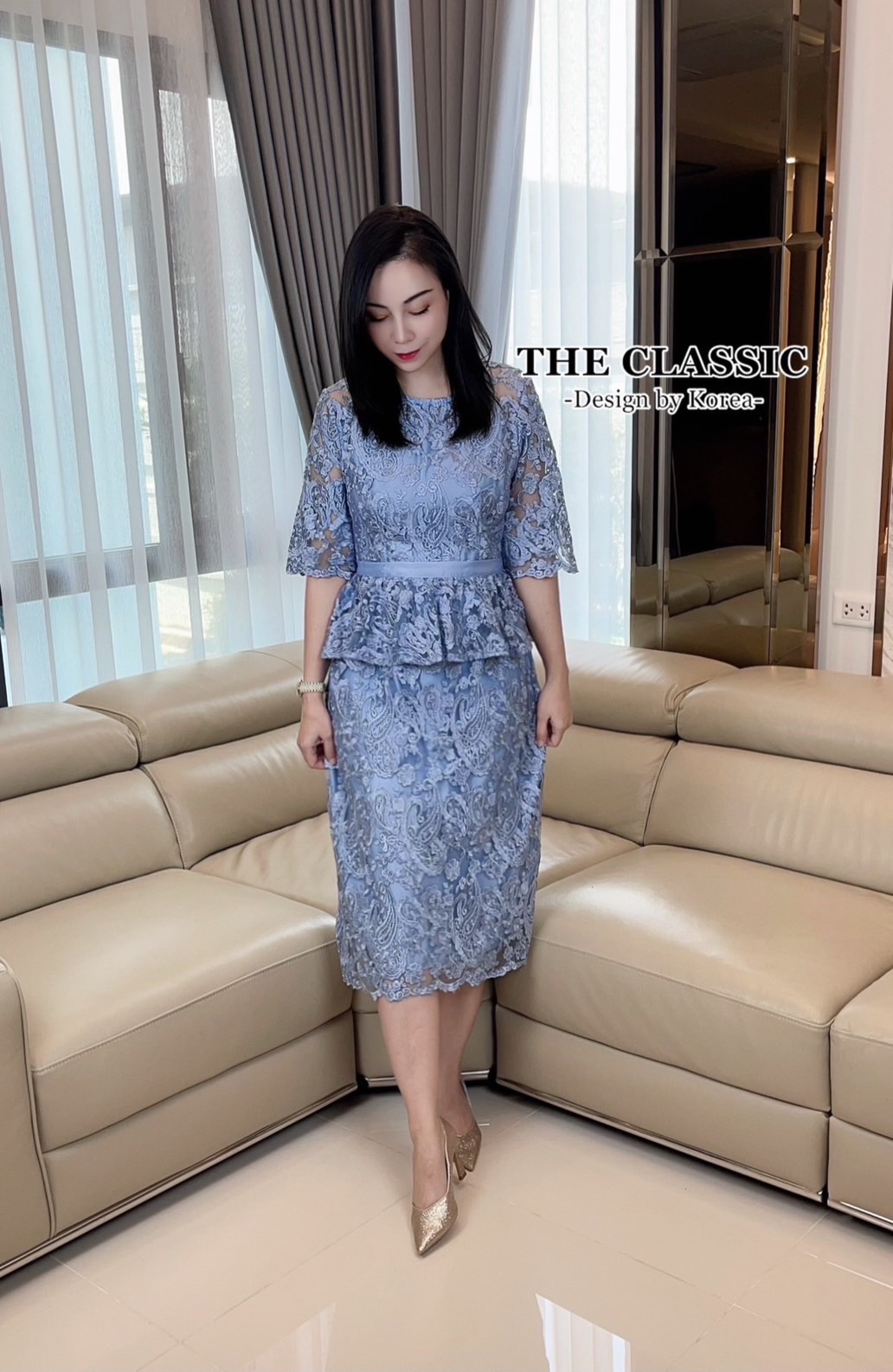 เดรสแฟชั่น เดรสลูกไม้เอวระบาย ใช่ผ้าลูกไม้งานปักลายด้วยไหมเนื้อเงา