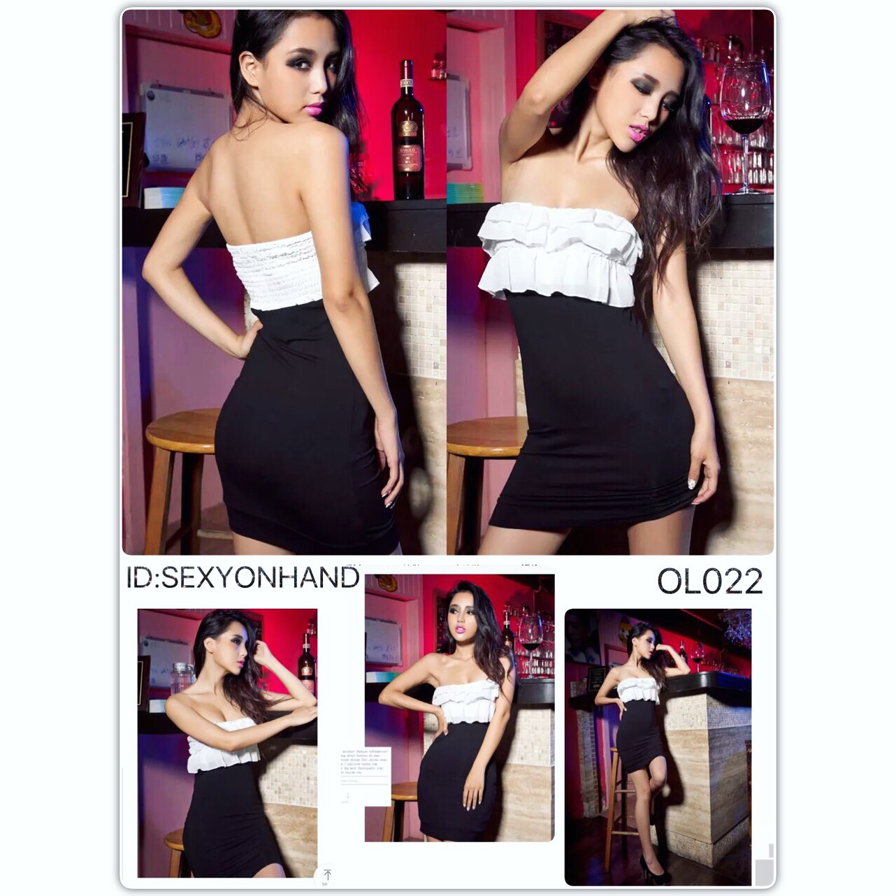 ชุดเดรสสั้น เดรสปาร์ตี้ เดรสออกงาน กลางคืน เดรสเกาะอกสีดำ แต่งระบายชีฟองขาว เนื้อผ้ายืดเข้ารูป สวยเปรี่้ยวมั่กๆคร่า +G-string