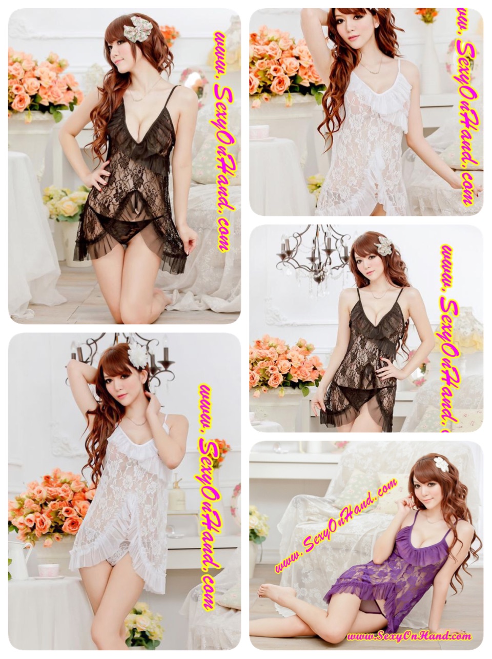 ชุดนอนซีทรู ผ้าลูกไม้สีขาว แต่งระบายไขว้ ด้านหน้า ด้วยผ้าลูกไม้แบบเดียวกับตัวเสื้อ สวยแบบเซ็กซี่ๆ หรูหรา เลยคะ