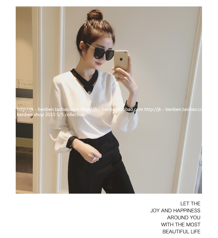 เสื้อแฟชั่นสไตล์เกาหลี ผ้าชีฟอง แขนยาว คอวีสายไขว้ด้านหน้า สีขาว