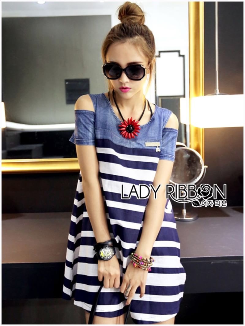 Lady Ribbon's Made Lady Rita Casual Style Cut-Out Denim เดรสผ้าเดนิมตัดต่อผ้าคอตตอนลายขวางสุดเก๋