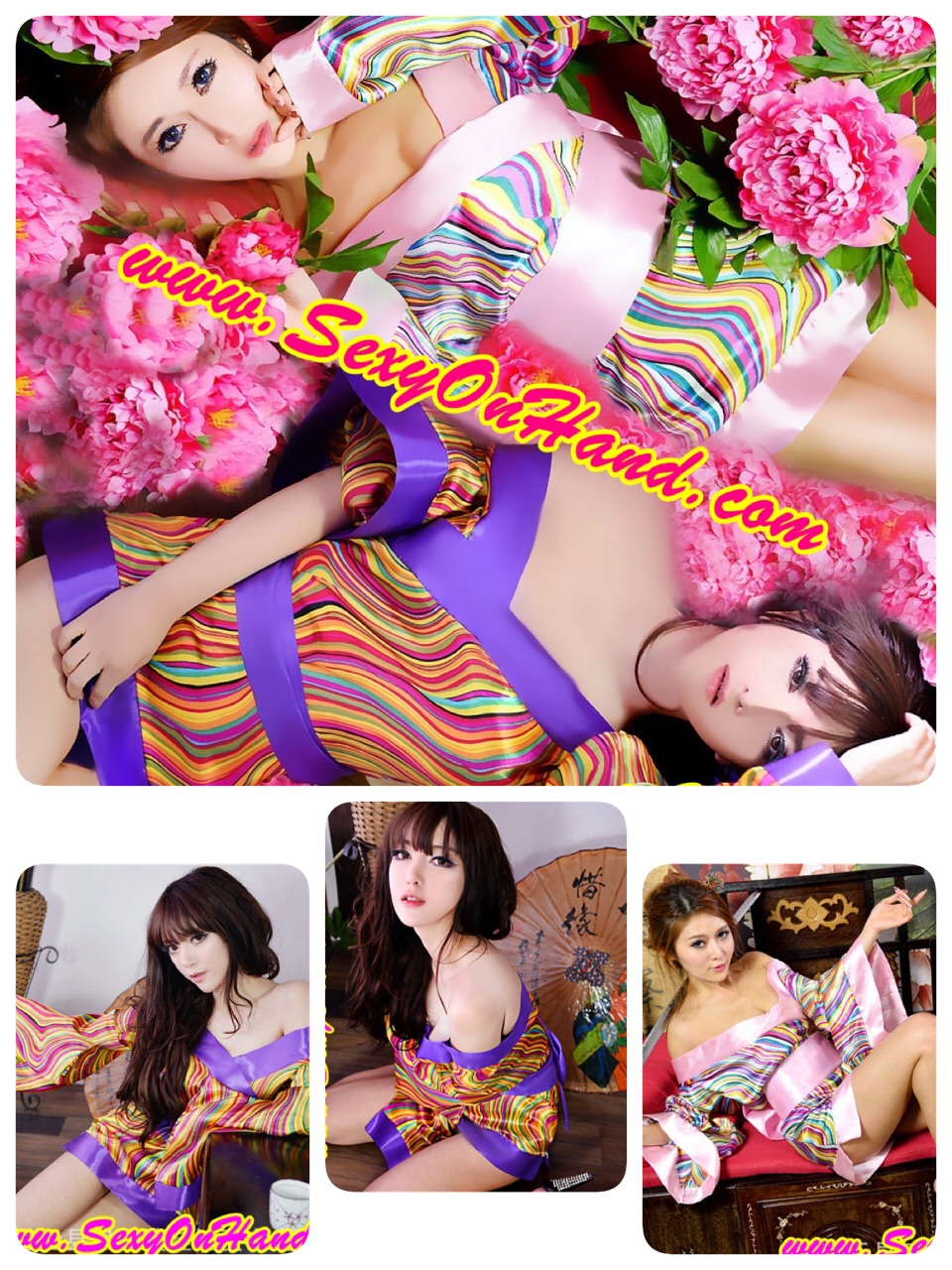 **New**ชุดกิโมโน สไตล์นางรำญี่ปุ่น แนวเกอิชา ลายริ้วสีสดโทนเหลืองส้ม แต่งขอบสีชมพูอ่อนปลายแขนบาน ไตล์เปิดไหล่เซ็กซี่ เย้ายวน+ผ้าคาดพร้อมโบว์สำเร็จ+ G-string เข้าชุดคะ