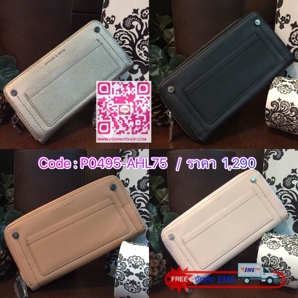 NEW! CHARLES & KEITH STUDDED FRONT POCKET WALLET กระเป๋าสตางค์ใบยาวซิปรอบรุ่นใหม่ล่าสุดแบบชนช็อปวัสดุหนังเรียบอยู่ทรงสวย เปิดปิดด้วยซิปรอบด้านหน้าแต่งหมุด พร้อมปั้มโลโก้ด้านหน้าดูสวยหรูมีสไตล์ ภายในมีช่องซิปและช่องใส่บัตรหลายช่องใส่ iphone7+ ธนบัตร บัตรได