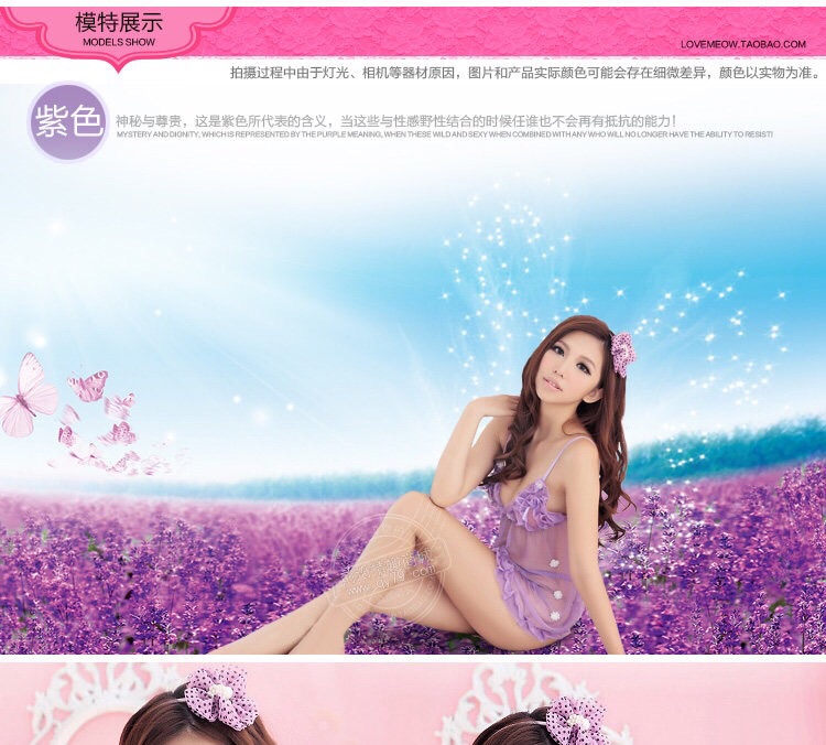 ชุดนอนเซ็กซี่ ชุดนอนสายเดี่ยว สีม่วงอ่อน ผ้าซีทรู เนื้อผ้าบางเบา แต่งขอบและสายเสื้อด้วยผ้าซีทรูจับจีบย่น ม่วงอ่อนช่วงอก ชายแหวกด้านหลังแหวก เพิ่มความเซ็กซี่ ยั่วยวนสุดๆคะ +จีสตริง เข้าชุด