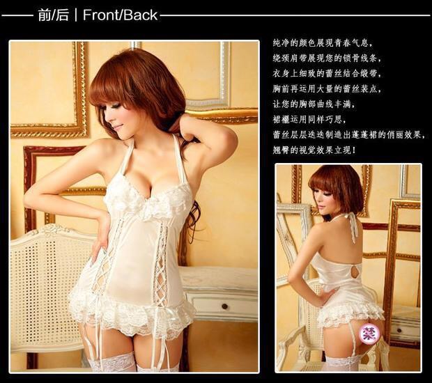 ชุดนอนเซ็กซี่ ชุดนอน ซีทรู ชุดนอน เดรสสั้น ผ้าซาติน แต่งซีทรูลูกไม้ เกรดดีเนื้อนุ่ม สีขาว แบบชุดสไตล์คอร์เซ็ต สีขาว แต่งริบบิ้นร้อยด้านหน้า เซ็กซี่ วับๆแวมๆ กระโปรงแต่งระบายลูกไม้2ชั้น (ตัวชุดมีสายรัดถุงน่องในตัว) +G string เข้าชุด