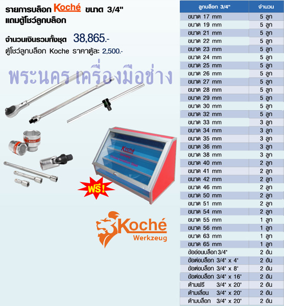 รายการบล็อก Koche ขนาด 3/4" แถมตู้โชว์ลูกบล็อก
