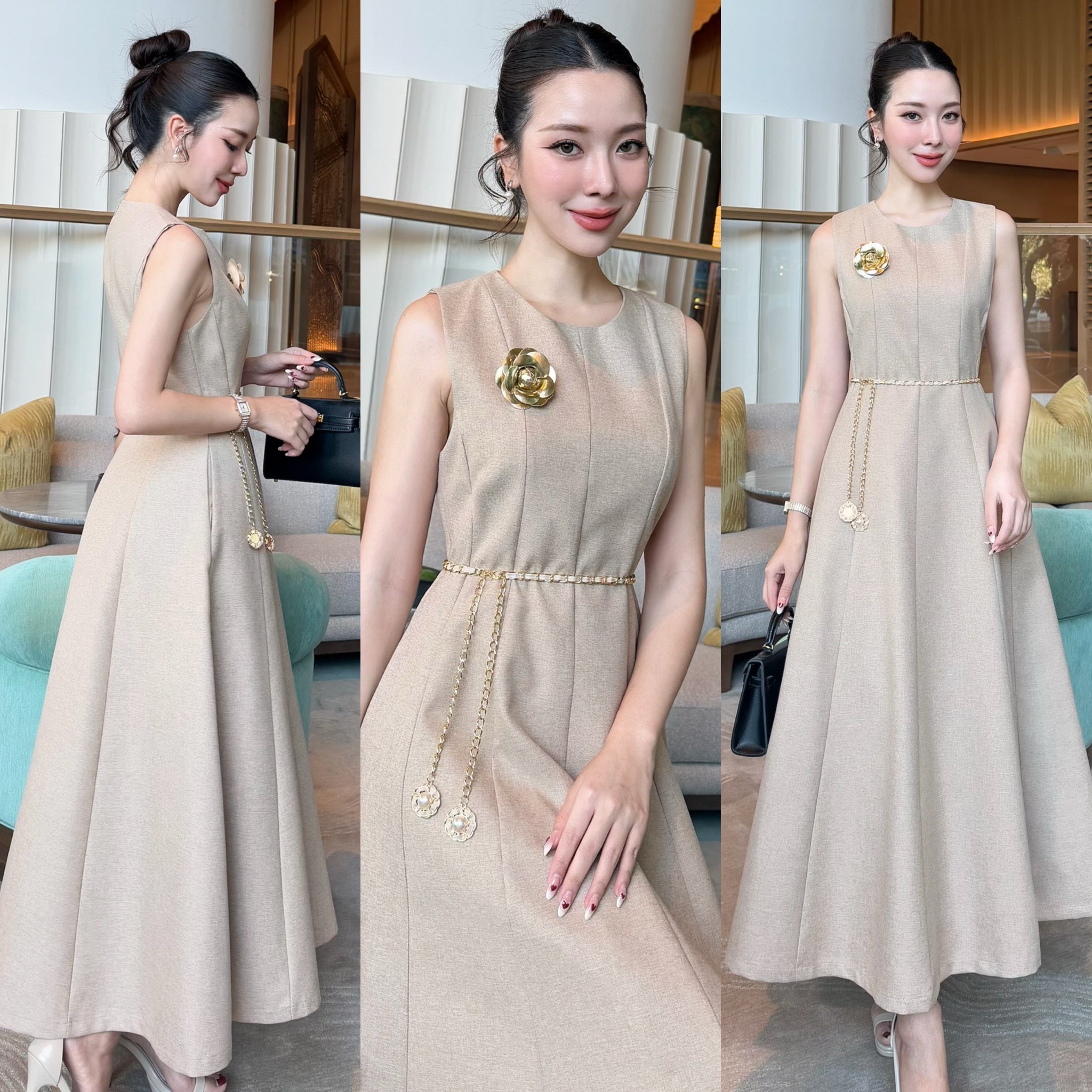 เดรสแฟชั่น แม็กซี่เดรสมาพร้อมเข็มขัดโซ่และดอกไม้