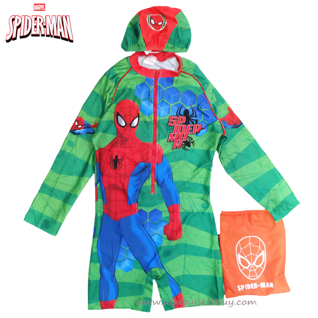 ฮ Size L - ชุดว่ายน้ำเด็กผู้ชาย Spiderman สีเขียว บอดี้สูทเสื้อแขนยาวกางเกงขาสั้น สกรีนลาย Spiderman มาพร้อมหมวกว่ายน้ำ สุดเท่ห์ ใส่สบาย ลิขสิทธิ์แท้ (สำหรับเด็กอายุ 7-8 ปี)