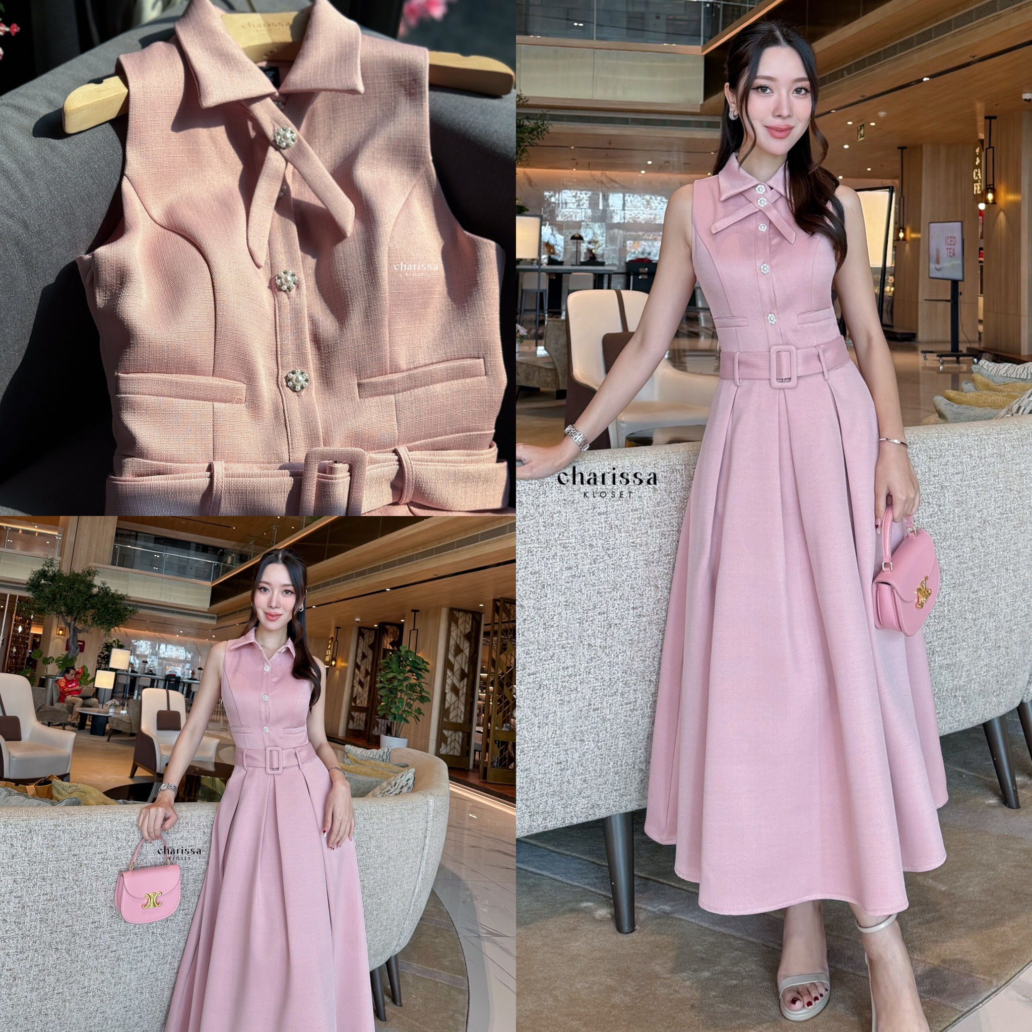เดรสแฟชั่น เดรสผ้าพรีเมี่ยม มาพร้อมเข็มขัดและโชเกอร์
