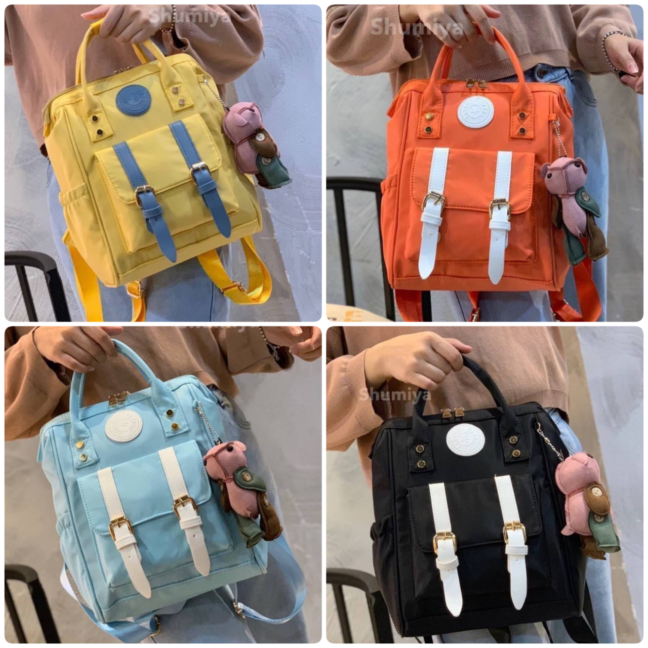 Shumiya Style My Authentic Brand So cute !!! พร้อมส่ง กระเป๋าเป้ Shumiya ทรงน่ารัก ~ ด้านหน้าติดโลโก้แบรนด์และแต่งเข็มขัดเก๋ๆ !!! ใบใหญ่จุใจ ช่องใส่ของเอนกประสงค์เยอะ ด้านหลังมีอีก 1 ช่องซิป สายสะพายทนทาน ตัวกระเป๋าเปิดปิดง่าย แถมฟรีพวงกุญแจหมีน่ารัก สวยค