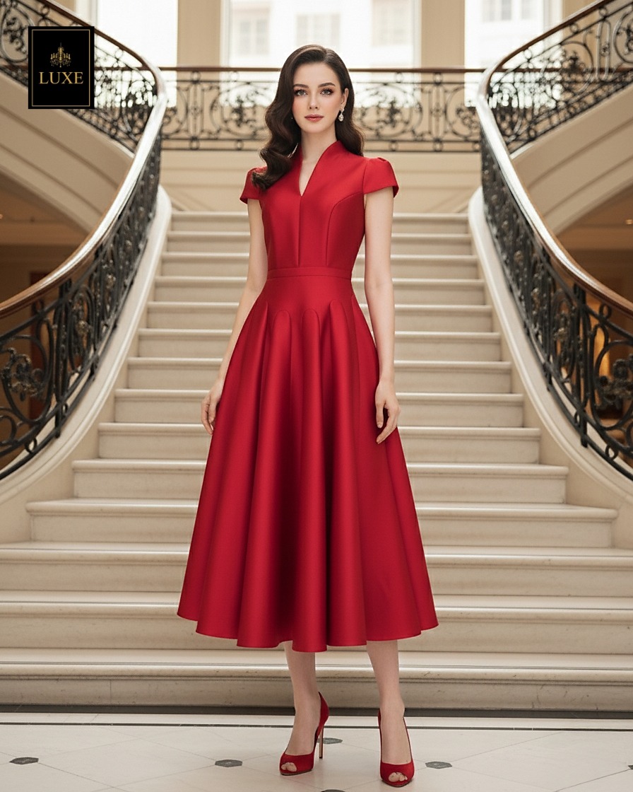 เดรสแฟชั่น เดรสเสื้อคอตั้ง แขนสั้น กระโปรงบาน