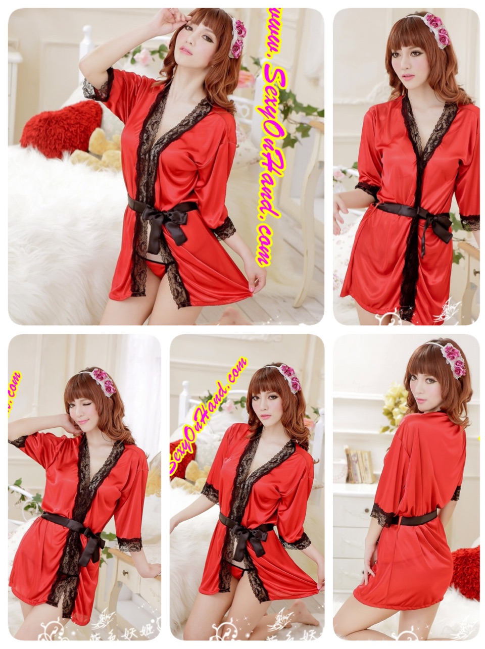 ชุดคลุมเซ็กซี่ ชุดคลุมซีทรู ชุดคลุมซาติน สีแดงสด แต่งขอบชุดและแขนเสื้อ ด้วยลูกไม้ดำ เนื้อผ้าซาตินมีน้ำหนัก ใส่เย็นสบาย ทิ้งตัวคะ + G string เข้าชุด