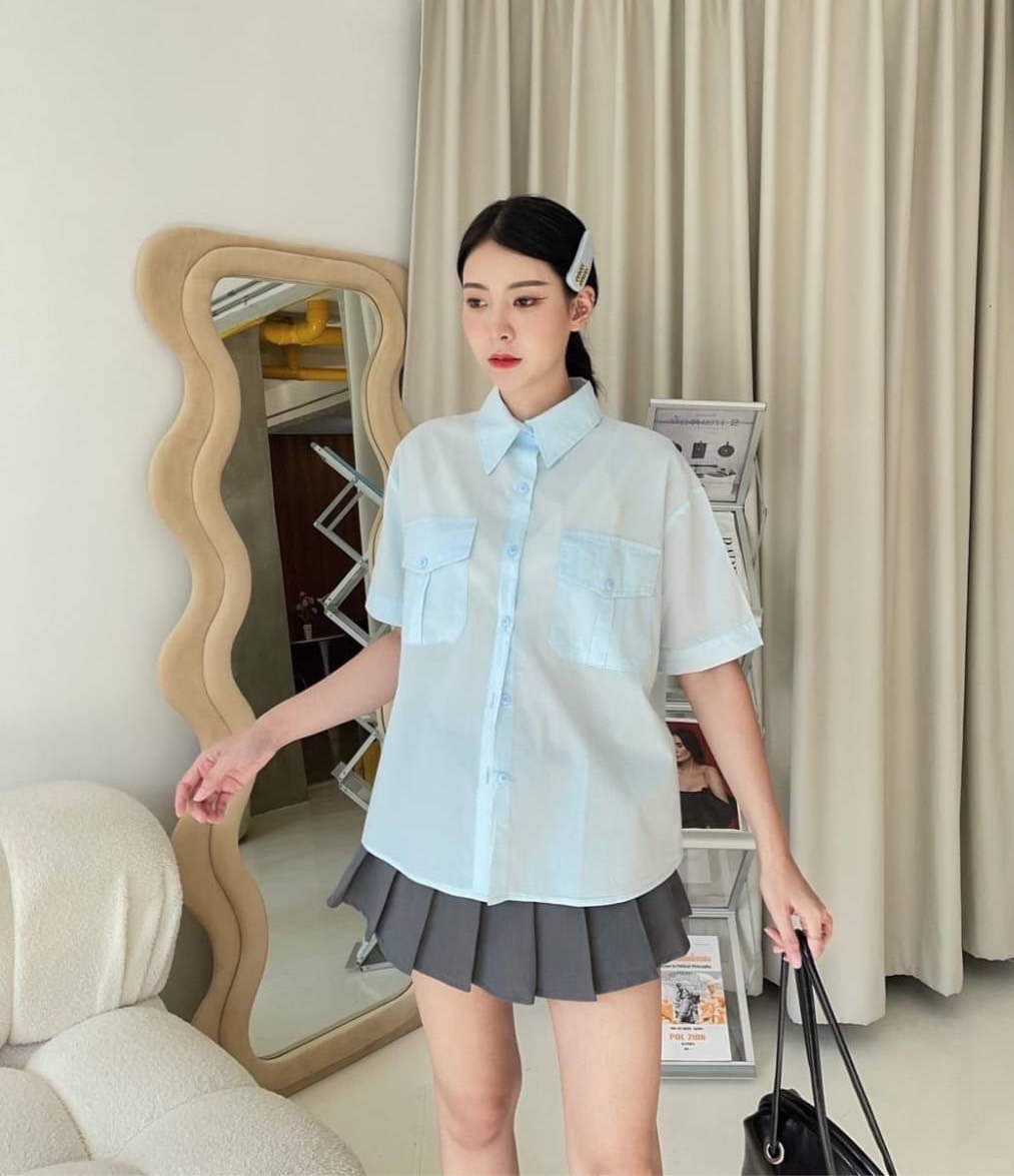 เสื้อแฟชั่น เชิ้ตสไตล์เกาหลี ดีเทลกระเป๋าหน้าแต่งกระดุมเท่ห์ๆ
