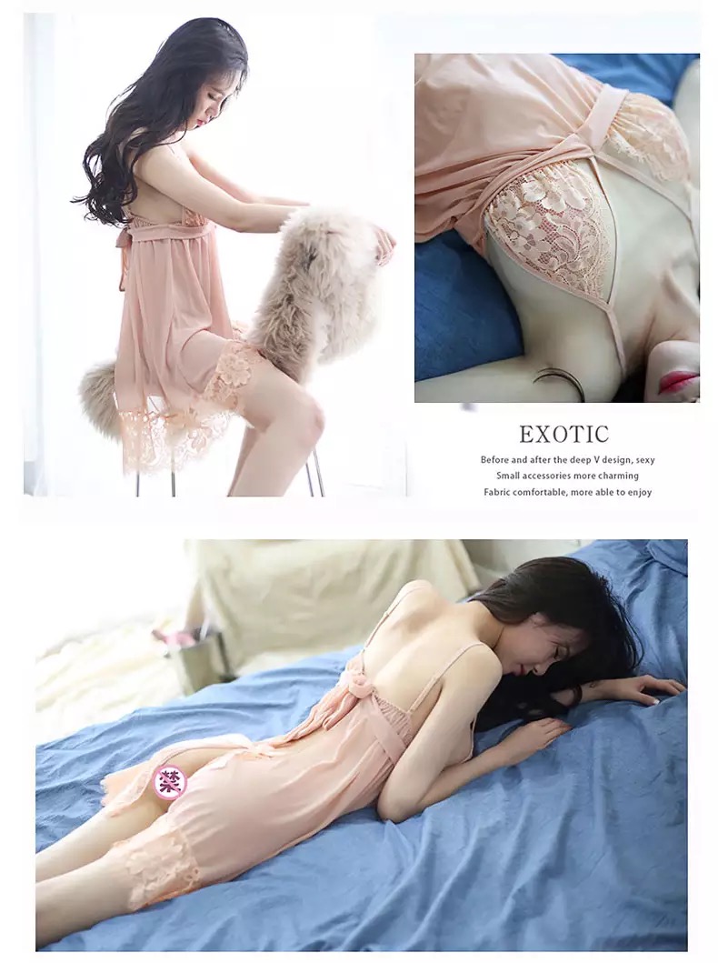 ชุดนอน เดรสซีทรู สีพีช แต่งลูกไม้ซีทรู เนื้อผ้าสวย ทิ้งตัว คุณหนูมากๆคะ