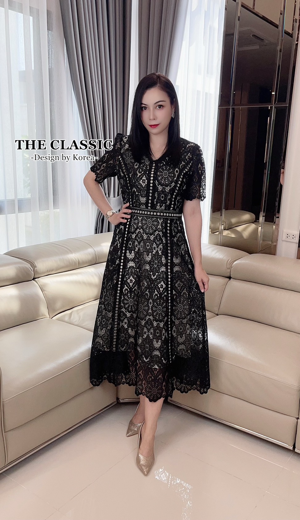 เดรสแฟชั่น เดรสยาวลูกไม้ คอกลมใช้ผ้าลูกไม้เนื้อหนาอย่างดี ขึ้นลวดลายดอกไม้ ลายชัด