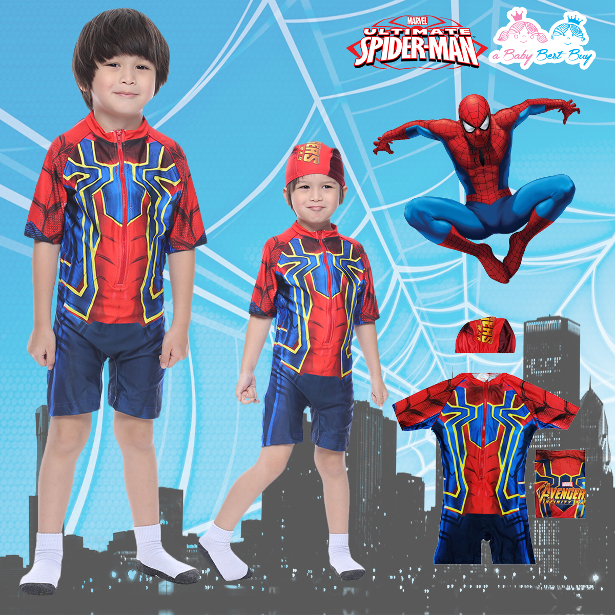 " Swimsuit for Boys Spider-Man บอดี้สูทแขนสั้น กางเกงขาสั้น มาพร้อมหมวกว่ายน้ำและถุงผ้า สุดเท่ห์ ใส่สบาย ลิขสิทธิ์แท้