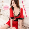 ชุดเซ็กซี่ กิโมโน สีแดงสด แต่งแหวกอก ขอบดำลายซากุระ +สายคาดเอว ลายซากุระ แต่งแหวกขาเพิ่มความเซ็กซี่