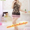 ชุดเซ็กซี่ ชุดลูกไม้ซีทรู ผูกคอ สีดำ แต่งระบายกระโปรง สองชั้น ด้วยผ้าชีฟองสีชมพู ตัดกับสีตัวชุด เพิ่มความหวาน ให้กับชุด +จีสตริงเข้าชุด