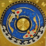 ภาพ ปลาคราฟ ไหว้ วนหยินหบาง ( เงิน ทอง สุขภาพ ไหลเวียนดี ) ภาพวาด ติด ทองคำเปลวแท้100% ขนาด1x1เมตร