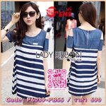 Lady Ribbon's Made Lady Rita Casual Style Cut-Out Denim เดรสผ้าเดนิมตัดต่อผ้าคอตตอนลายขวางสุดเก๋