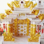 ศาลเจ้าที่ขนาด 27 นิ้ว(รุ่นมั่งมีศรีสุข) 4 เสา 5 หลังคา 8ปลา 8หงส์ 8มังกร หินสีชมพู พ่นทอง