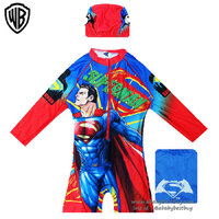 (size L)ชุดว่ายน้ำเด็กผู้ชาย Superman สีน้ำเงิน บอดี้สูทเสื้อแขนยาว กางเกงขาสั้นสกรีนลาย ซุปเปอร์แมน มาพร้อมหมวกว่ายน้ำและถุงผ้า สุดเท่ห์ ใส่สบาย ลิขสิทธิ์แท้(สำหรับเด็กอายุ 6-8 ปี)