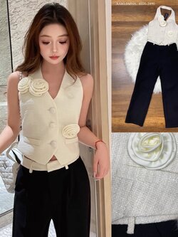 ชุดเซทแฟชั่น เสื้อคล้องคอกระดุมหน้า เนื้อผ้าทวีตเนื้อนุ่ม สีขาวครีม โทนสีสวยหรู