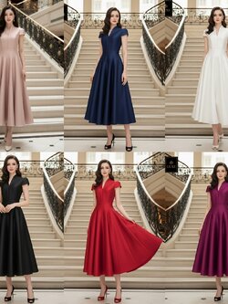 เดรสแฟชั่น เดรสเสื้อคอตั้ง แขนสั้น กระโปรงบาน