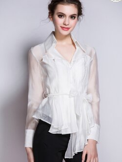 เสื้อแฟชั่น เสื้อเชิ้ตคอวีจับจีบทวิสต์ช่วงตัวรอบตัวหน้าหลังแบบเรียบหรู