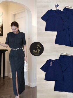 ชุดเซทแฟชั่น Set 3 ชิ้นเสื้อ+กระโปรง+เข็มขัด เสื้อแขนสั้นสีกรมลายตรงคอกลม ทรงโอเวอร์ไซส์